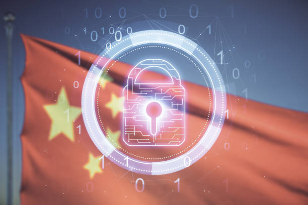 Virtual creative lock sketch with chip hologram on Chinese flag and sunset sky background, protection of personal data concept. Multiexposure stock photo