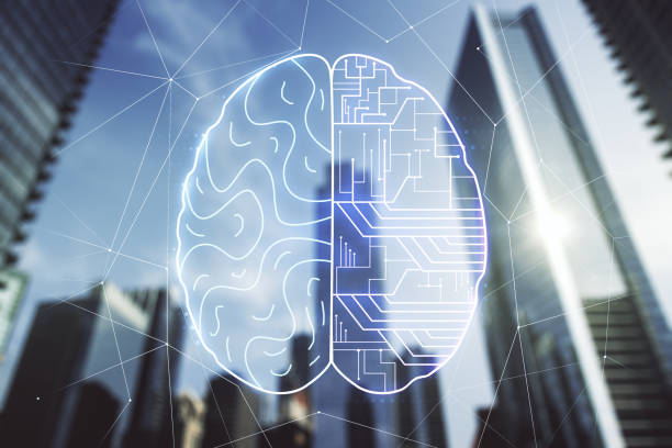 istock Double exposure of creative human brain microcircuit hologram on blurry cityscape background. Future technology and AI concept 1297448907