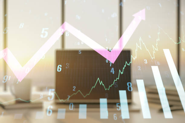 istock Multi exposure of abstract creative financial graph with upward arrow on modern laptop background, forex and investment concept 1297449436