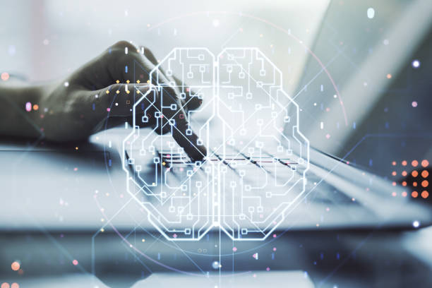 istock Double exposure of creative artificial Intelligence symbol with hands typing on laptop on background. Neural networks and machine learning concept 1297449439