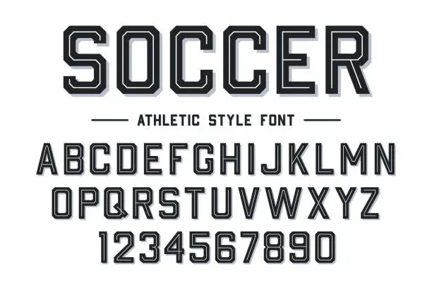 Vector illustration of Athletic style font. Football, soccer style font with lines. Athletic style letters and numbers for baseball, basketball, football and soccer kit