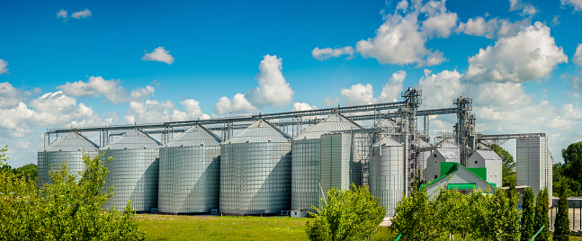 A group of granaries for storing wheat and other cereal grains. A row of granaries and the cloudy sky. Granaries, industry panoramic view.