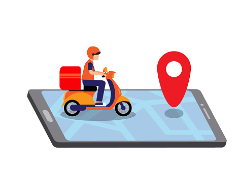 Vector illustration of delivery man riding scooter motorcycle for service with location mobile application. E-commerce concept.