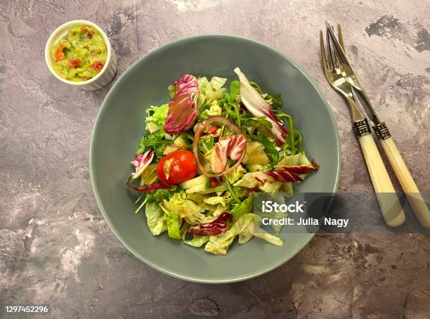 Healthy Mixed Salad With Eisberg Arugula Radicchio Cherry Tomato And Balsamic Dressing Stock Photo - Download Image Now