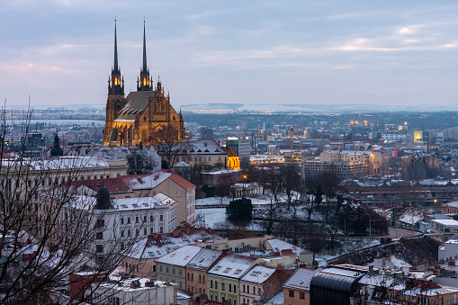 Aerial view of the The Cathedral of Saints Peter and Paul in Brno in Czech Republic. Winter sunrise time . View from Spilberk Castle