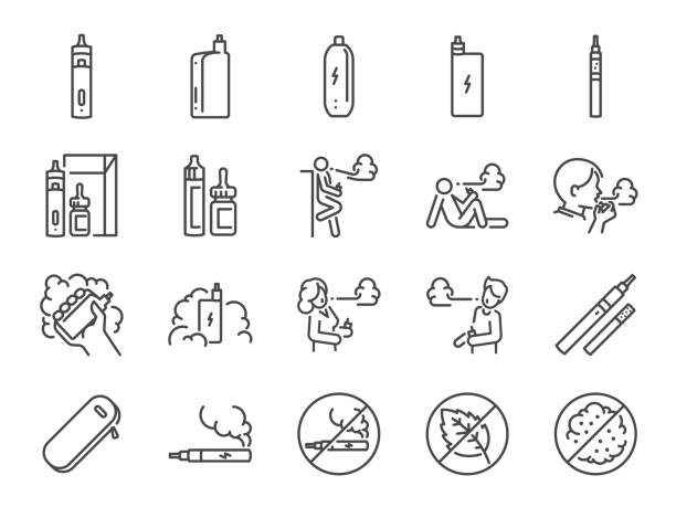 Vaping line icon set. Included the icons as smoking, vapor, vape, electronic cigarette, unhealthy living, and more. Vaping line icon set. Included the icons as smoking, vapor, vape, electronic cigarette, unhealthy living, and more. electronic cigarette stock illustrations