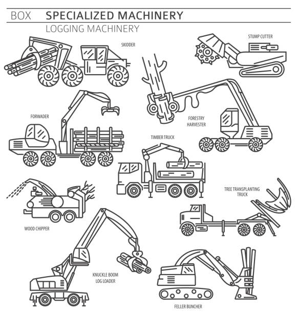 특수 산업용 로깅 기계 선형 벡터 아이콘이 흰색으로 격리되어 있습니다. - truck lumber industry log wood stock illustrations