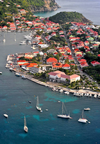 AERIAL VIEW OF STBARTHS Aerial view of Gustavia in StBarths french overseas territory stock pictures, royalty-free photos & images