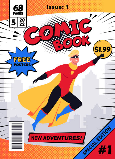 comic-buch-cover. vintage-magazin mit männlichen superhelden-charakter in aktion pose vektor-illustration. retro-comic-buch-vorlage - superhero comic book cityscape flying stock-grafiken, -clipart, -cartoons und -symbole