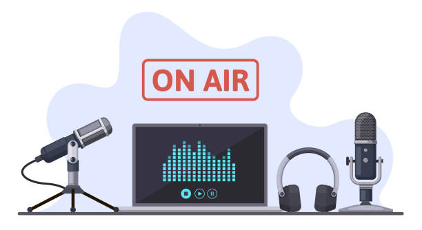 istock On air. Podcast, radio broadcast, or audio streams, sound recording with microphone and headphones. Online podcast vector illustration set 1297454946