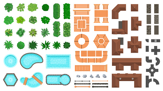 Architectural landscape items. Outdoor city top view trees, houses, roads and wooden furniture vector illustration set. Landscape construction elements. Roof, pools, bushes and fences for project