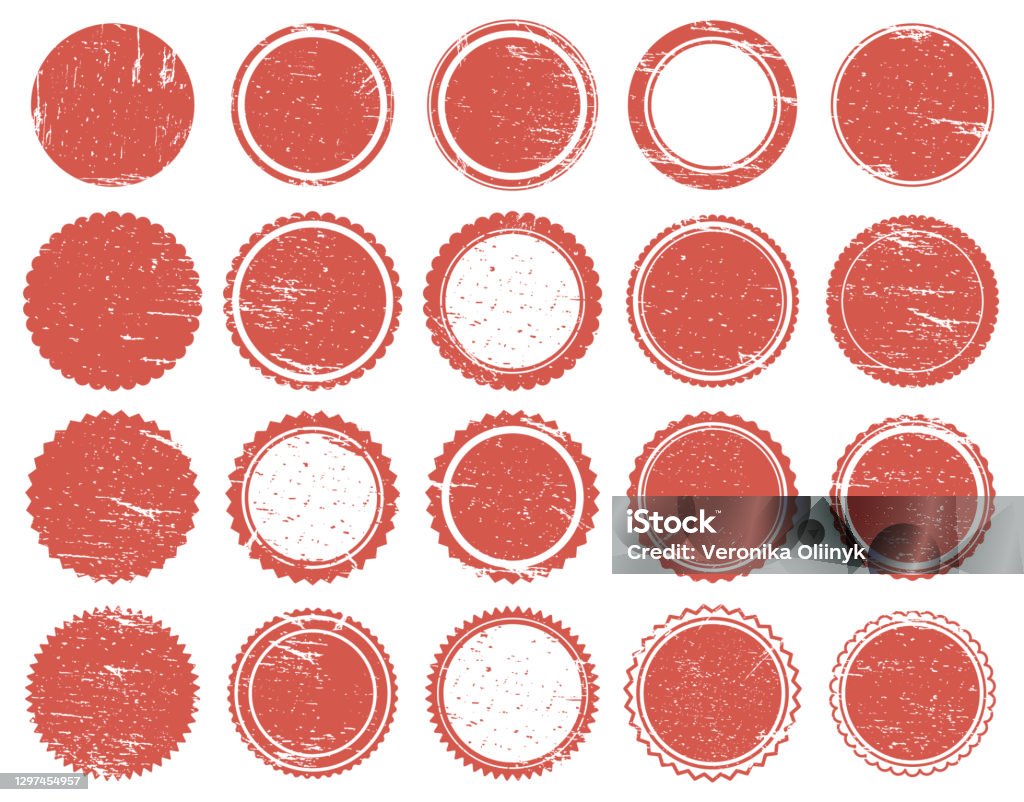 Selo de textura grunge. Selos de círculo vermelho de borracha, marcas vintage vermelhas de textura angustiada. Conjunto de ilustração vetorial de selos redondos de venda - Vetor de Carimbo royalty-free