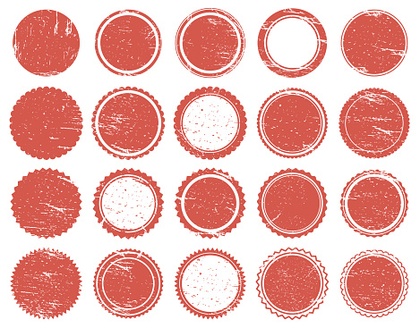 Grunge texture stamp. Rubber red circle stamps, distressed texture red vintage marks. Sale round stamps vector illustration set. Post round badge with scratches isolated collection