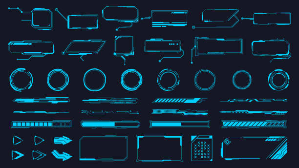 стокові ілюстрації на тему футуристичні елементи інтерфейсу користувача. голографічні елементи інтерфейсу користувача hud, високотехнологічні смуги та кадри. набір в - футуристичний