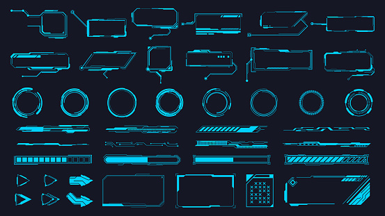 Futuristic interface ui elements. Holographic hud user interface elements, high tech bars and frames. Hud interface icons vector illustration set. Circle and rectangular shape borders