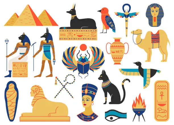 Vector illustration of Ancient egypt symbols. Mythological creatures, egypt gods, pyramid and sacred animals. Egypt religion and mythology symbols vector illustration set