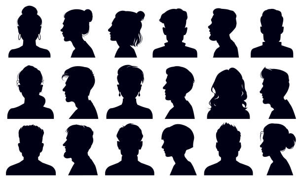 머리 실루엣. 여성과 남성 얼굴 초상화, 익명의 사람 머리 실루엣 벡터 일러스트 세트. 사람 프로필 및 전체 얼굴 인물 사진 - human head silhouette human face symbol stock illustrations