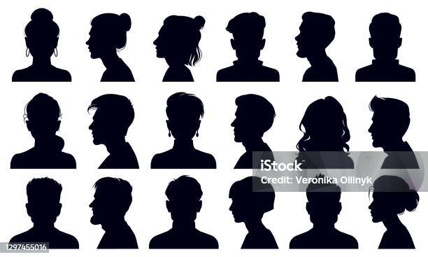 Head Silhouettes Female And Male Faces Portraits Anonymous Person Head Silhouette Vector Illustration Set People Profile And Full Face Portraits - Arte vetorial de stock e mais imagens de Silhueta