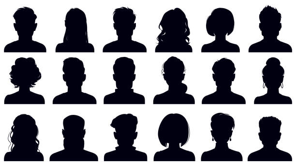 stockillustraties, clipart, cartoons en iconen met de portretsilhouetten van avatar. vrouw en man gezichten portretten, anonieme personages avatars. de reeks van de vectorillustratie reeks van de volwassen mensenhoofdsilhouetten - omtrek
