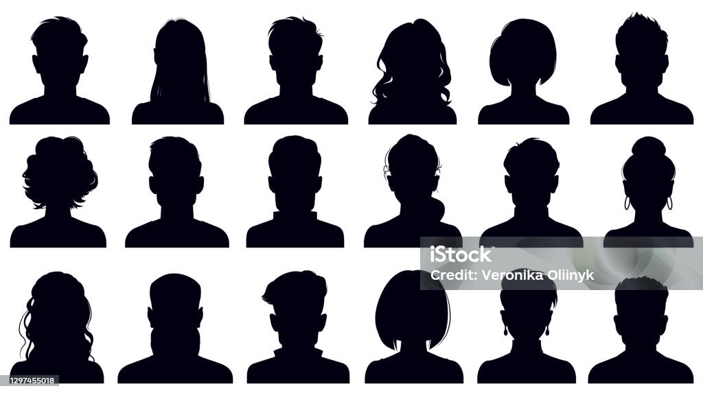 Avatar portrait silhouettes. Woman and man faces portraits, anonymous characters avatars. Adult people head silhouettes vector illustration set Avatar portrait silhouettes. Woman and man faces portraits, anonymous characters avatars. Adult people head silhouettes vector illustration set. Female and male heads with long and short hair In Silhouette stock vector