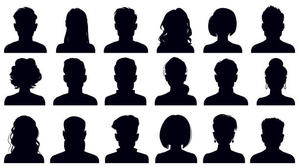 Avatar portrait silhouettes. Woman and man faces portraits, anonymous characters avatars. Adult people head silhouettes vector illustration set Avatar portrait silhouettes. Woman and man faces portraits, anonymous characters avatars. Adult people head silhouettes vector illustration set. Female and male heads with long and short hair people vector stock illustrations