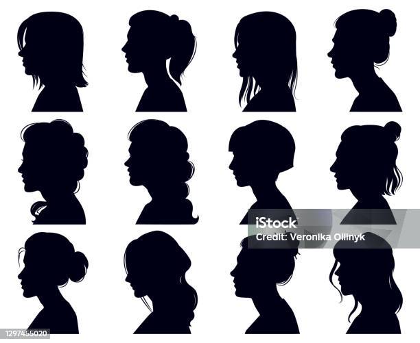 女性のヘッドシルエット女性はプロフィールの肖像画に直面し大人の女性匿名のキャラクターはシルエットに直面しています女の子プロファイル ベクトルイラストセット - シルエットのベクターアート素材や画像を多数ご用意