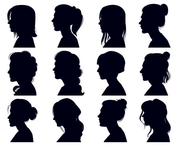 Female head silhouette. Women faces profile portraits, adult female anonymous characters face silhouettes. Girls profiles vector illustration set Female head silhouette. Women faces profile portraits, adult female anonymous characters face silhouettes. Girls profiles vector illustration set. Elegant beautiful ladies with hairdo woman silhouette stock illustrations