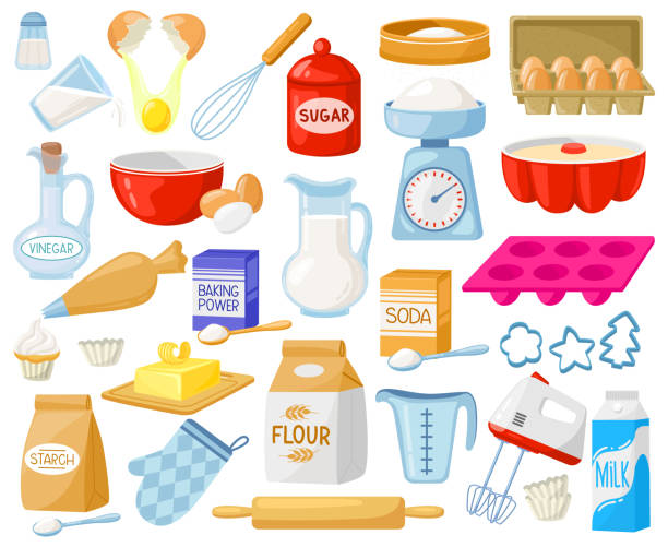 Cartoon baking ingredients. Bakery ingredients, baking flour, eggs, butter and milk vector illustration set. Pastry prepare cooking ingredients Cartoon baking ingredients. Bakery ingredients, baking flour, eggs, butter and milk vector illustration set. Pastry prepare cooking ingredients. Food supplies as rolling pin , mixer rolling dough stock illustrations