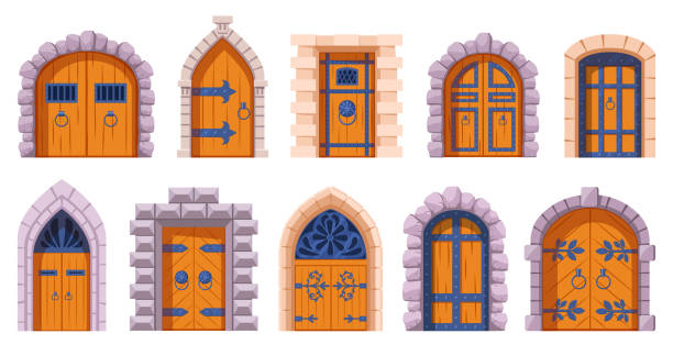 ilustrações, clipart, desenhos animados e ícones de portas medievais do castelo. desenhos antigos portões de madeira da fortaleza, castelos medievais do reino portão conjunto de ilustração vetorial. portas do arco da torre medieval - door old fashioned old closed