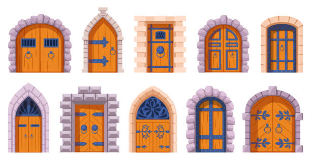 Castle medieval doors. Cartoon ancient fortress wooden gates, medieval kingdom castles gate vector illustration set. Medieval tower arch doors Castle medieval doors. Cartoon ancient fortress wooden gates, medieval kingdom castles gate vector illustration set. Medieval tower arch doors. Stone arch with metal hinges for entry medieval architecture stock illustrations
