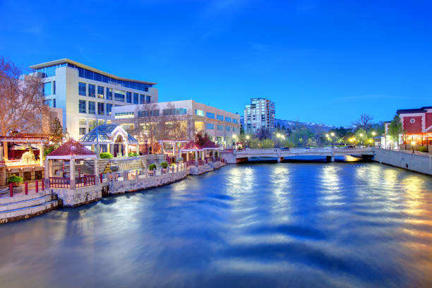 Reno along the Truckee River Reno is a city in the U.S. state of Nevada, located in the northwestern part of the state,. Known as "The Biggest Little City in the World" Reno is known for its casino industry. truckee river photos stock pictures, royalty-free photos & images
