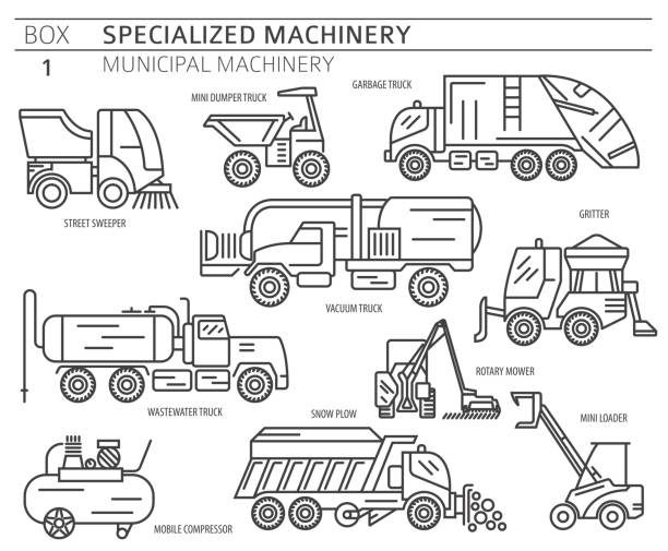 특수 산업용 도로 및 시립 기계 선형 벡터 아이콘이 흰색으로 격리되어 있습니다. - asphalt truck transportation mode of transport stock illustrations