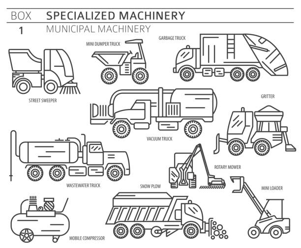 специальная промышленная дорога и муниципальная машина линейный вектор значок набор изолированных на белом - garbage truck truck engine isolated on white stock illustrations