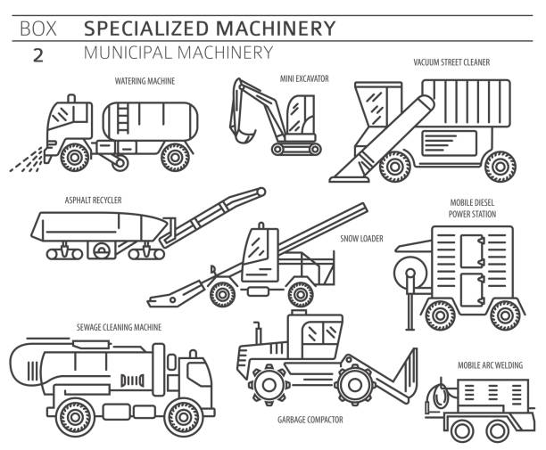 специальная промышленная дорога и муниципальная машина линейный вектор значок набор изолированных на белом - garbage truck truck engine isolated on white stock illustrations