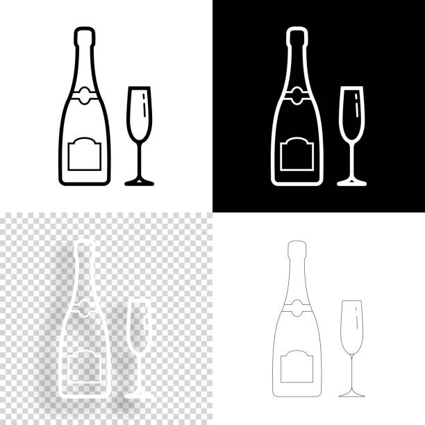 シャンパンボトルとグラス。デザイン用アイコン。空白、白、黒の背景 - ラインアイコン - champagne celebration glass black点のイラスト素材／クリップアート素材／マンガ素材／アイコン素材
