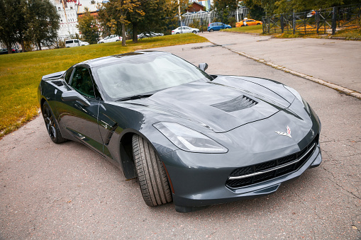 Moscow, Russia - August 14, 2020: Luxury American roadster Chevrolet Corvette Stingray C7 in the city park.