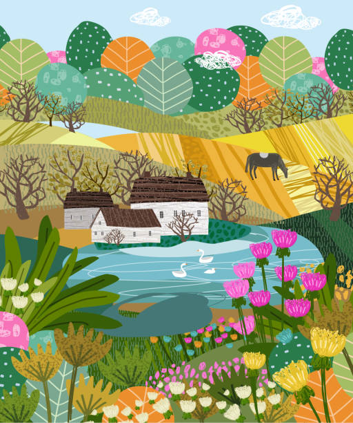 ilustrações, clipart, desenhos animados e ícones de natureza e paisagem. ilustração vetorial de uma casa, lago, campo, vista, aldeia, árvore e flores. desenhos para pôster, fundo ou padrão - paintings tree landscape field