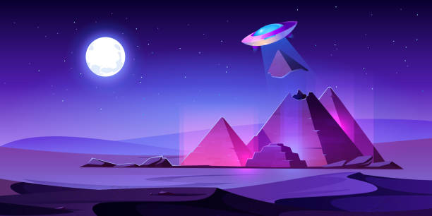 ufo는 밤 사막에서 이집트 피라미드 꼭대기를 훔친다. - giza plateau 이미지 stock illustrations