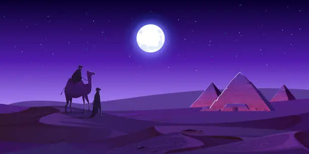 Vector illustration of Bedouins walk to Egypt pyramids at night desert