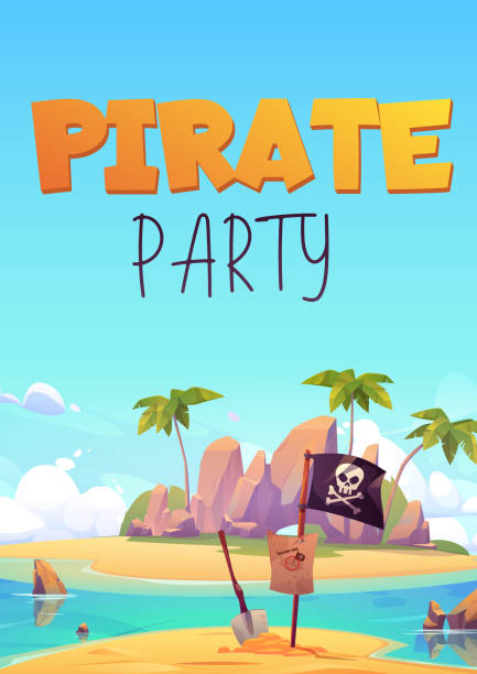 ilustrações de stock, clip art, desenhos animados e ícones de pirate party flyer with island and black flag - beach nautical vessel party clothing