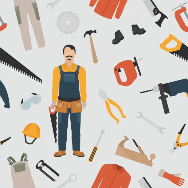 Vector illustration of Profession and occupation set. Carpenter tools and  equipment. Uniform flat design icon.