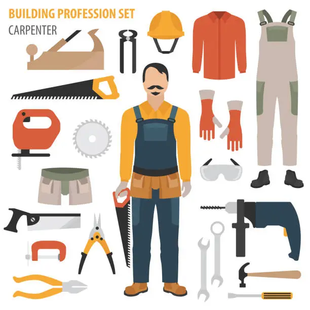 Vector illustration of Profession and occupation set. Carpenter tools and  equipment. Uniform flat design icon.