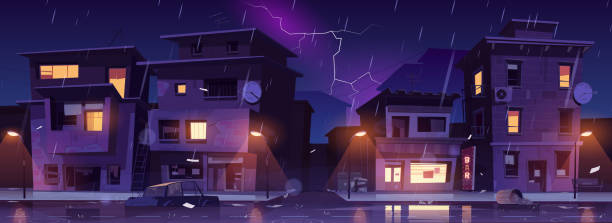 ilustraciones, imágenes clip art, dibujos animados e iconos de stock de calle ghetto por la noche lluvia con relámpagos, tormenta - coches abandonados