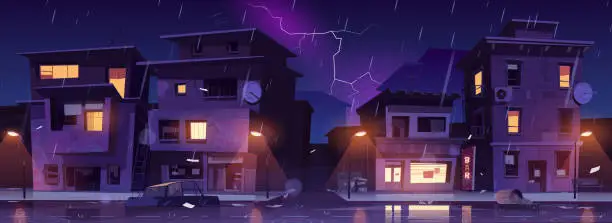 Vector illustration of Ghetto street at night rain with lightnings, storm