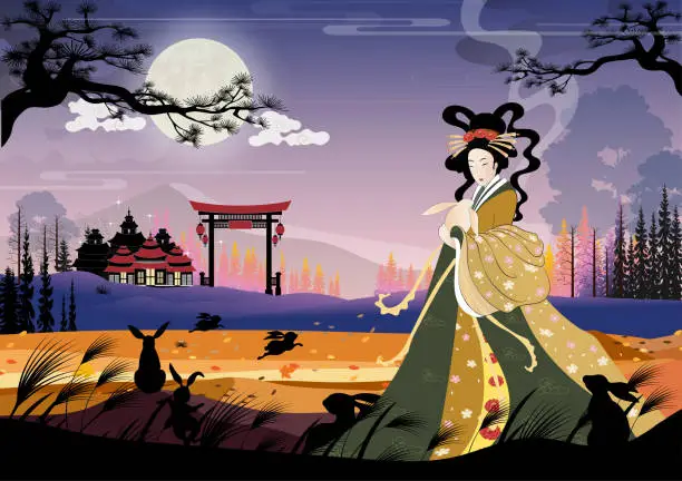 Vector illustration of Vector Mid Autumn Festival with fairy Chang'e, The Chinese Goddess of the Moon with rabbit jade, Autumn landscapes with Chinese temple and family rabbit celebration on full moon at night.