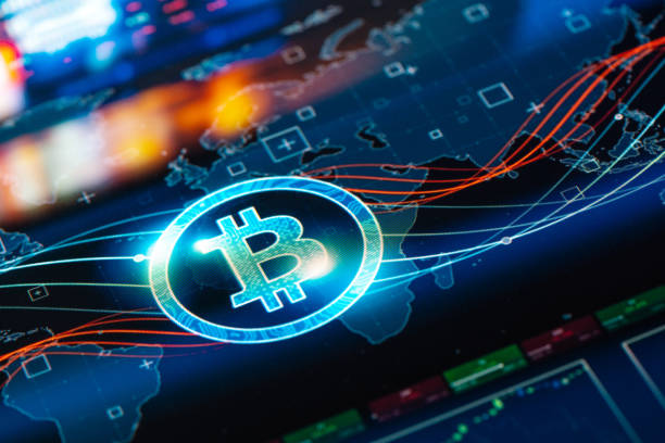 Bitcoin network concept on digital Screen Bitcoin network concept on digital Screen bitcoin trading stock pictures, royalty-free photos & images