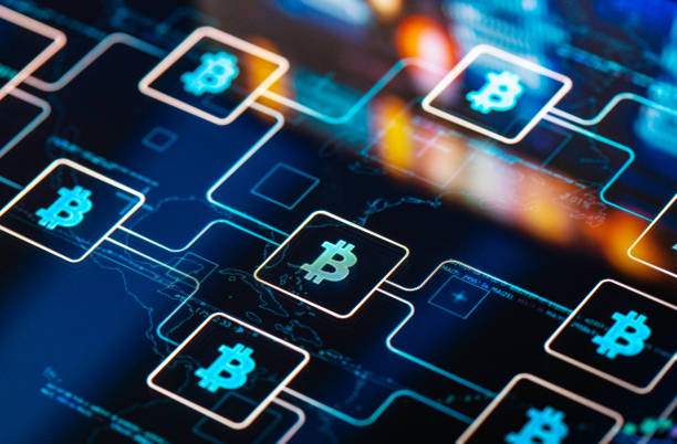bitcoin-netzwerkkonzept auf digitalem bildschirm - blockchain stock-fotos und bilder