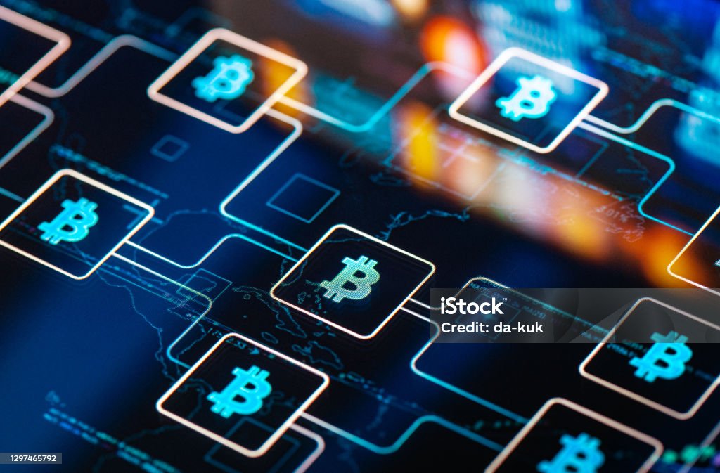Bitcoin network concept on digital Screen Cryptocurrency Stock Photo