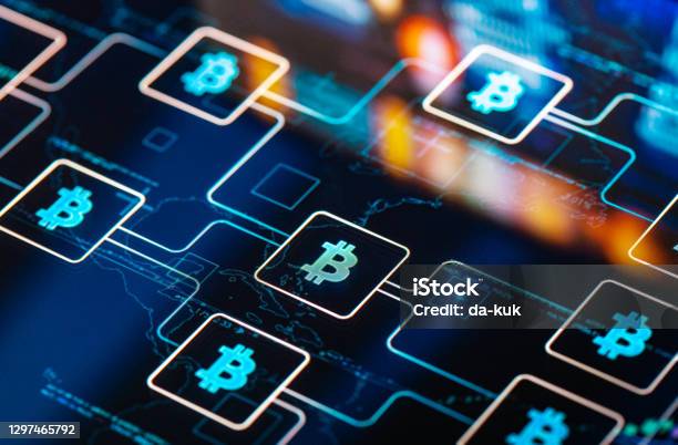 Bitcoin Network Concept On Digital Screen Stock Photo - Download Image Now - Cryptocurrency, Blockchain, Bitcoin