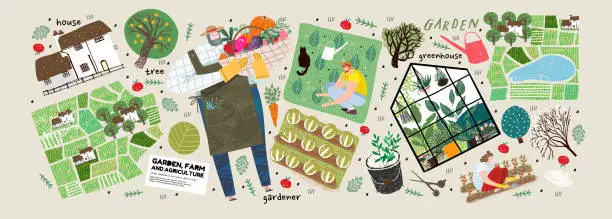 Vector illustration of Garden, farm and agriculture. Vector illustration of gardener, garden beds, fields, maps, houses, nature, greenhouse and harvest. Drawings and objects for poster, background or postcard
